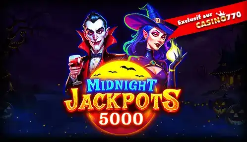 Jouez à la machine à sous Midnight Jackpots 5000, avec un vampire et une sorcière mystérieuse. Une exclusivité Casino770 pour des gains monstrueux.