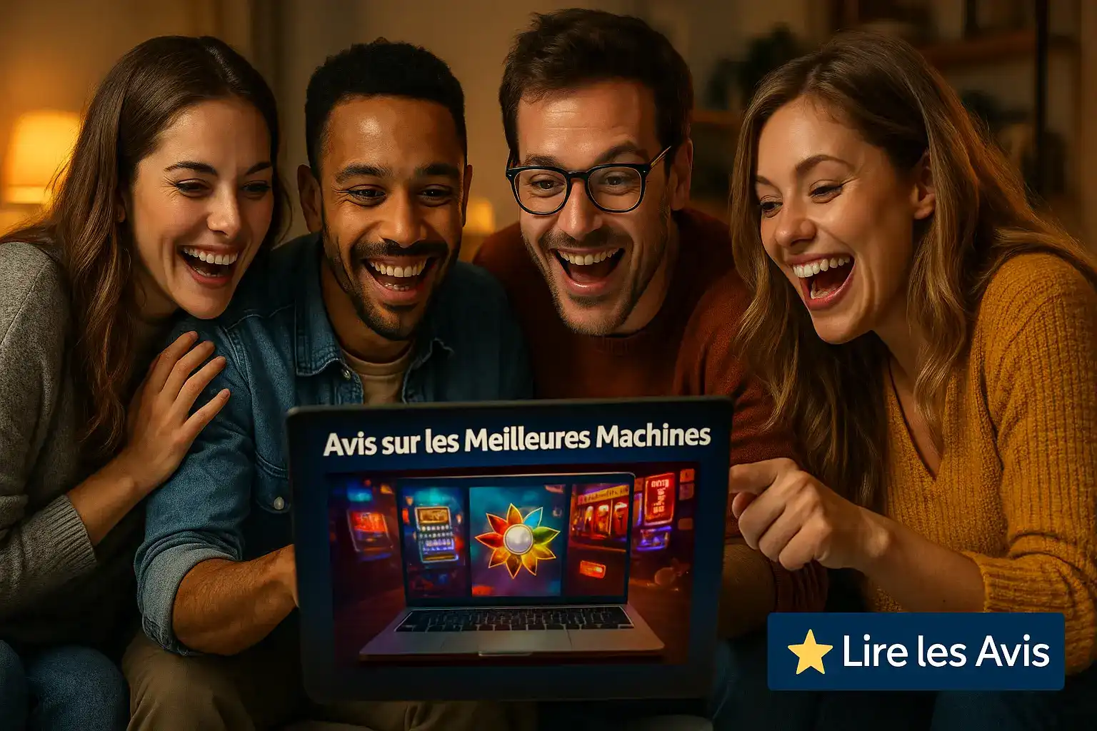Groupe d'amis joyeux lisant des avis sur les meilleures machines à sous sur un ordinateur portable. Découvrez les guides de jeux et les recommandations du casino Winoui pour maximiser vos gains.