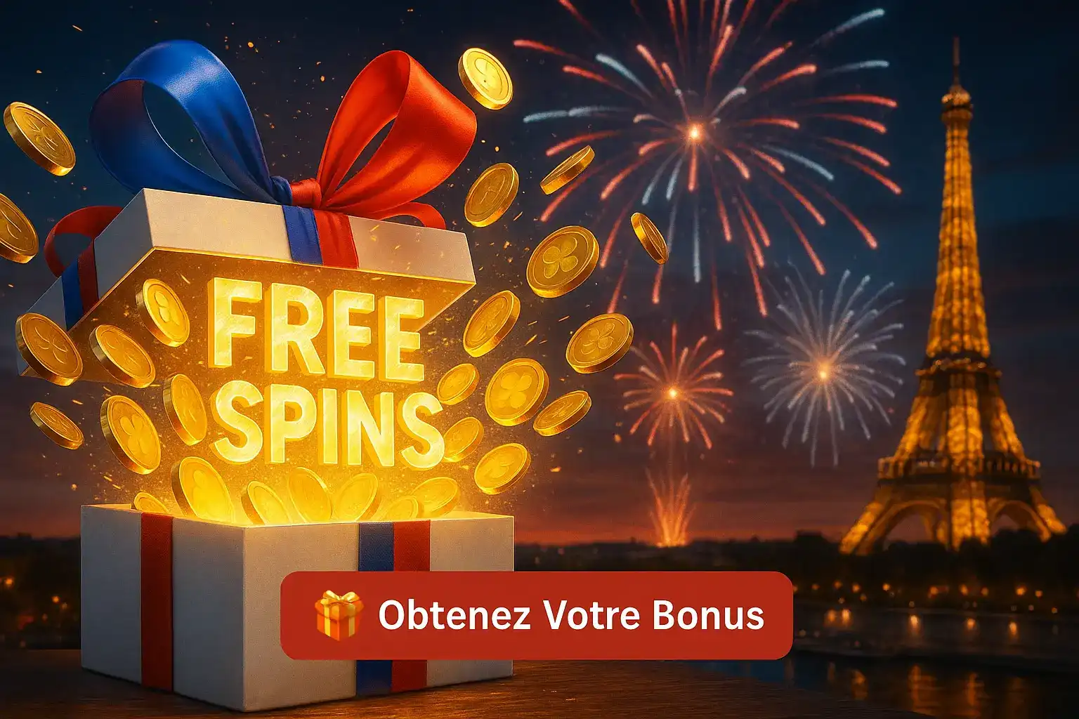 Une boîte cadeau s'ouvre pour révéler des Free Spins lumineux, avec des pièces d'or qui s'envolent. Obtenez votre bonus exclusif sur Winoui avec la Tour Eiffel et des feux d'artifice en fond.