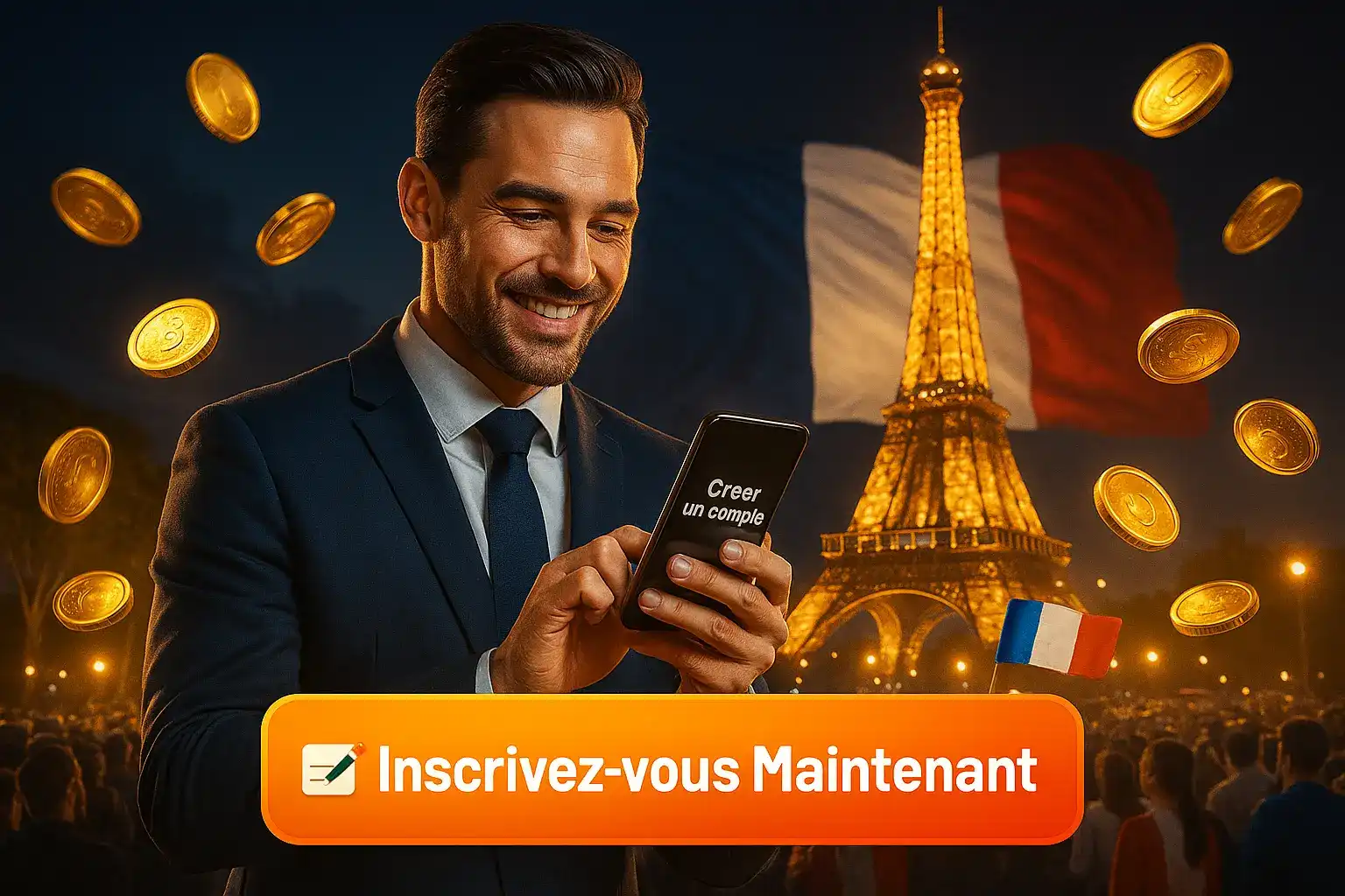 Homme d'affaires souriant s'inscrivant sur le casino en ligne Winoui depuis son smartphone. En arrière-plan, la Tour Eiffel illuminée et le drapeau français créent une ambiance parisienne unique.