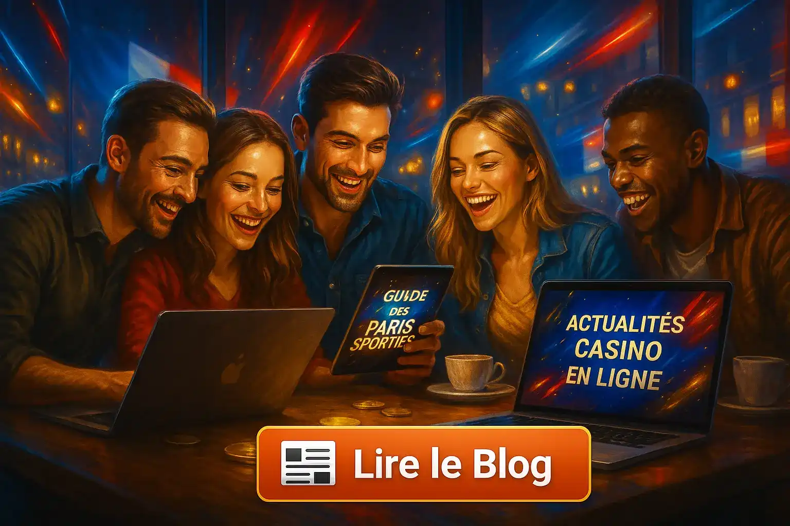 Groupe d'amis consultant le blog de Winoui sur des ordinateurs portables et une tablette, avec des articles sur le guide des paris sportifs et les actualités du casino en ligne.