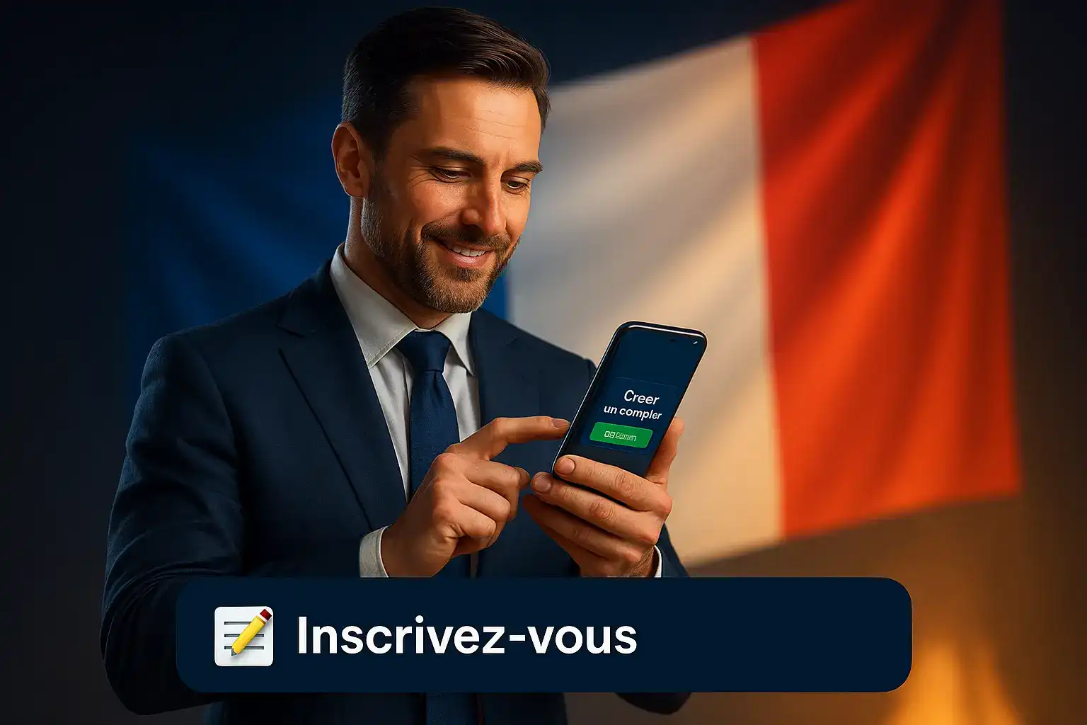 Homme en costume souriant et utilisant son téléphone pour s'inscrire sur la plateforme Winoui. Le drapeau français est en arrière-plan, soulignant la focalisation sur le marché français.