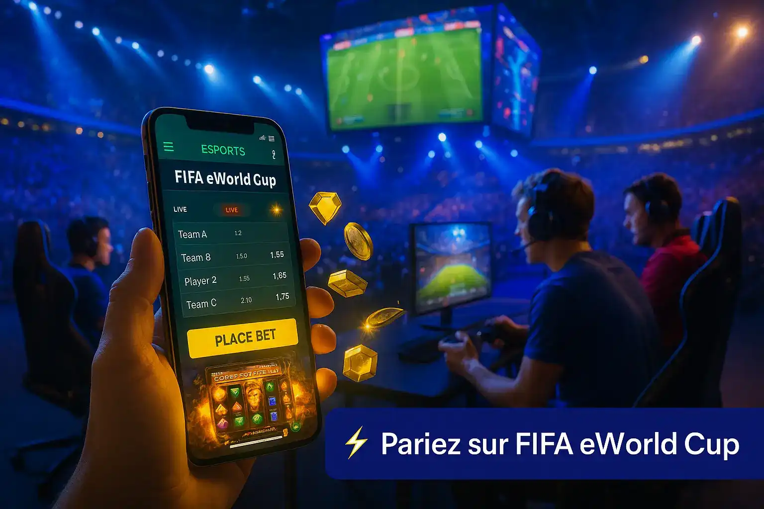 Joueurs professionnels d'e-sport en compétition, avec une main tenant un téléphone affichant l'interface de paris Winoui pour la FIFA eWorld Cup. Des pièces d'or flottent autour.