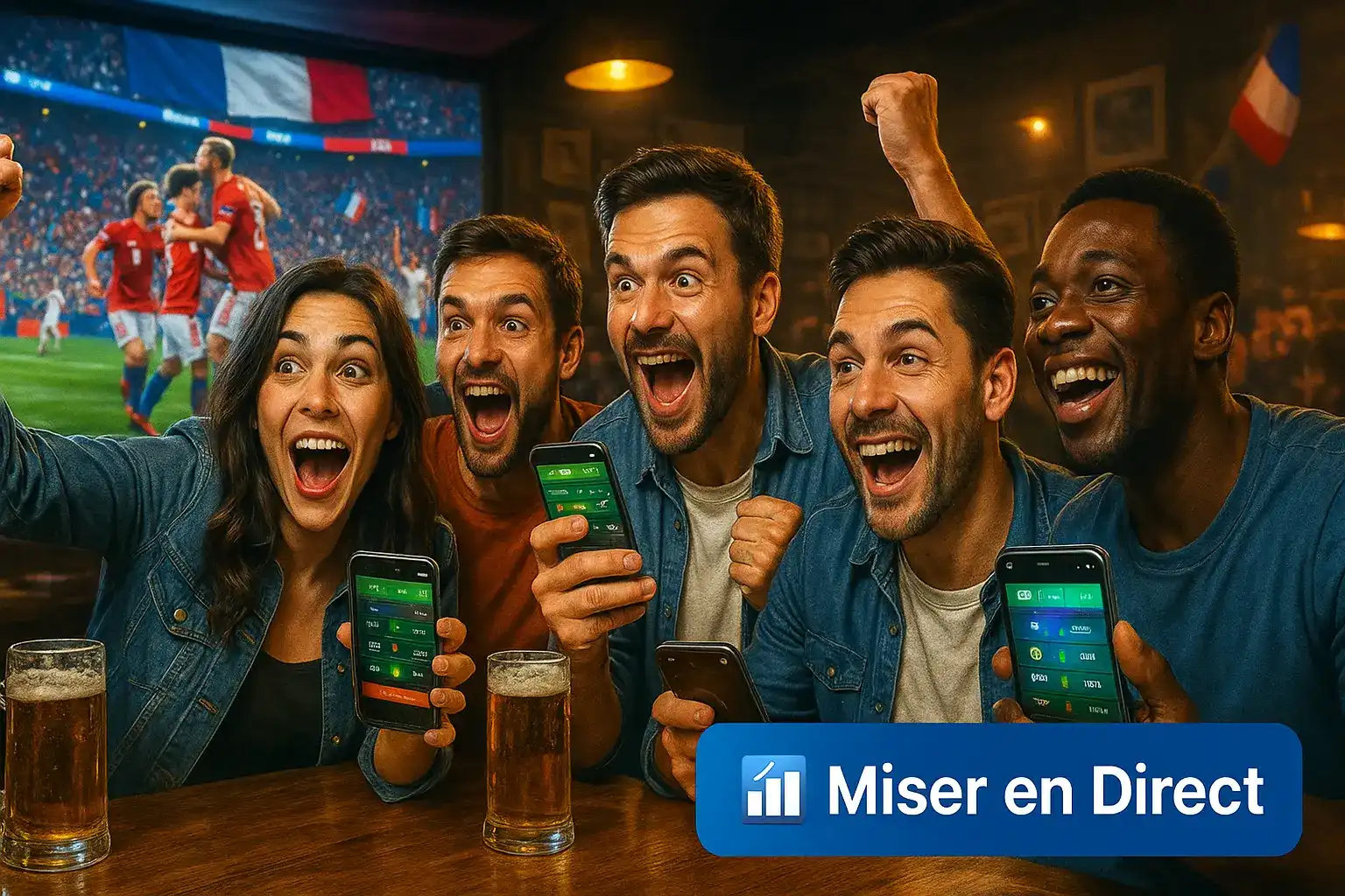 Amis enthousiastes dans un bar regardant un match de football et plaçant des paris en direct sur leurs téléphones avec l'application Winoui. Vivez l'action du sport avec nous.