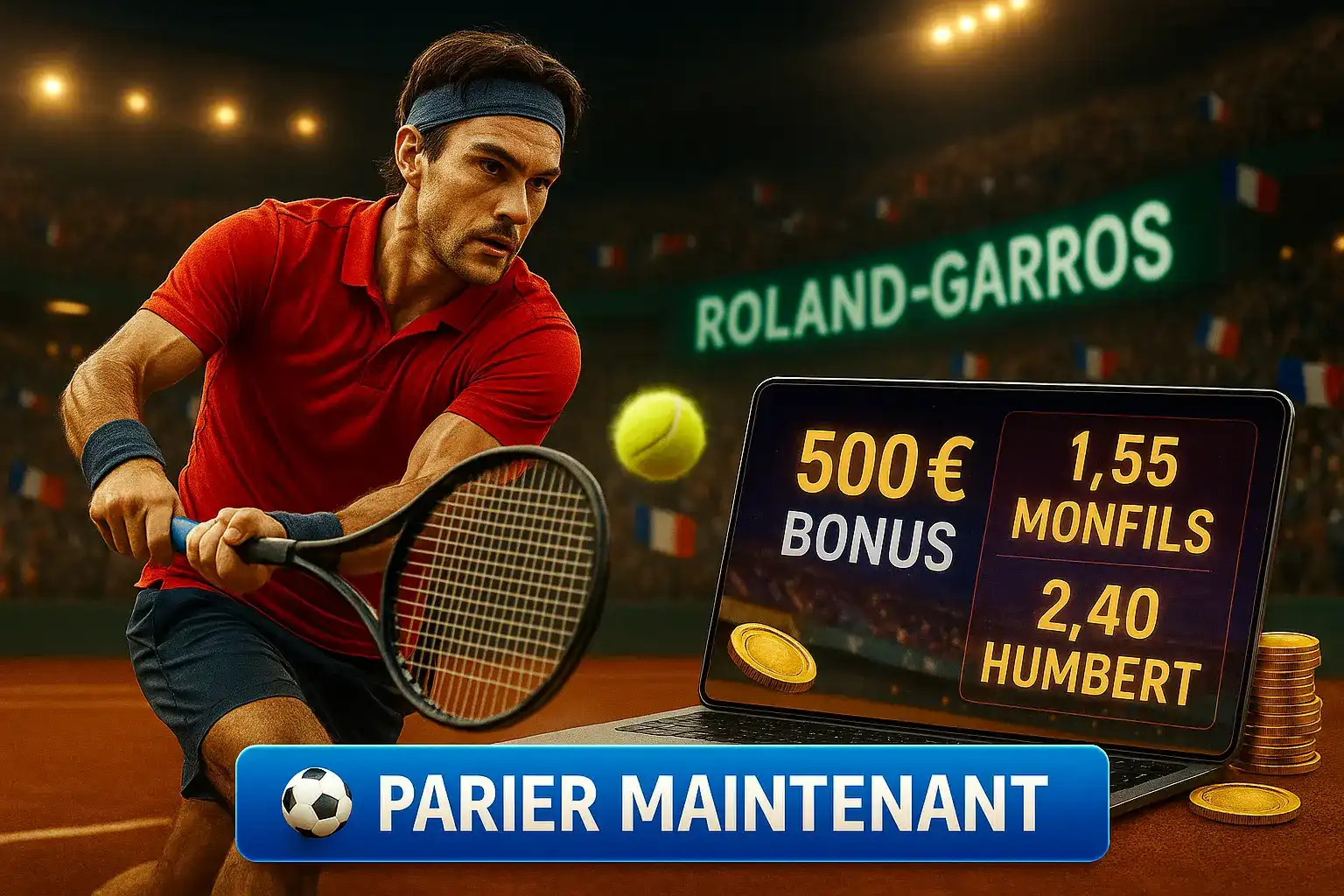 Joueur de tennis professionnel en plein match à Roland-Garros. L'écran d'un ordinateur portable affiche un bonus de 500€ et les cotes de paris Winoui pour un match Monfils vs Humbert.