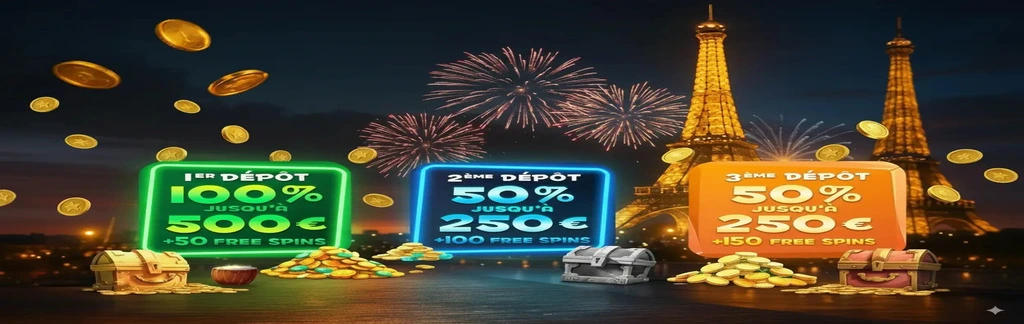 Le pack de bienvenue exceptionnel de Winoui présenté sur un fond de Paris nocturne avec la Tour Eiffel et des feux d'artifice. Profitez de trois bonus sur dépôt : 100% jusqu'à 500€ + 50 free spins, 50% jusqu'à 250€ + 100 free spins, et 50% jusqu'à 250€ + 150 free spins.